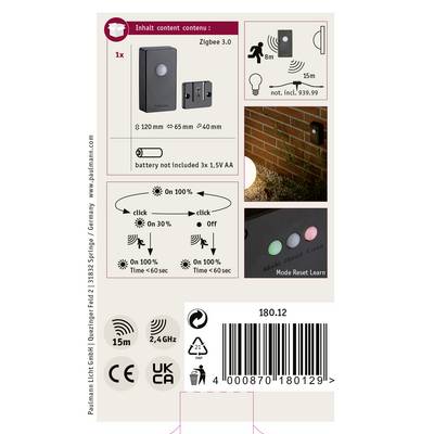 Emballage de produit pour un capteur de porte Zigbee. Contient des illustrations du capteur, des spécifications techniques, un prix, un code-barres et des logos.