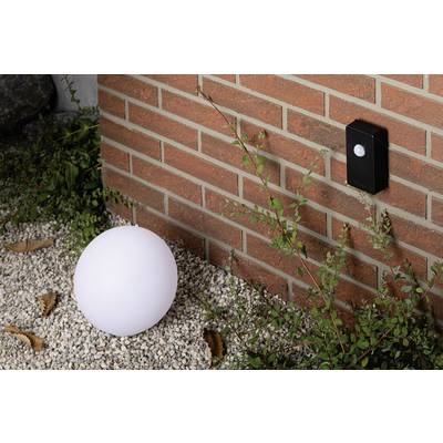 Lampe blanche et sphérique posée sur un sol de gravier à côté d'un mur de briques avec un interrupteur noir. Des plantes vertes poussent entre les deux.