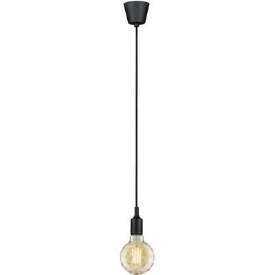 Une suspension avec un câble noir et un support, sur lequel est fixée une ampoule ronde. L'ampoule est allumée.