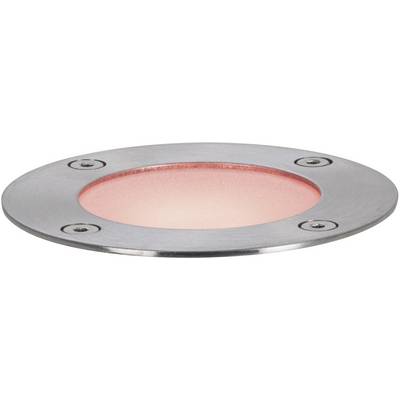 Luminaire encastré de sol rond à LED, affleurant, avec cadre métallique et lumière rouge, adapté à l'éclairage de chemin ou à l'éclairage d'accentuation.