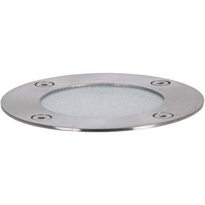 Spot encastrable rond en argent avec quatre vis de fixation ; couvercle en verre au centre pour la source lumineuse.