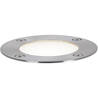 Luminaire encastré rond en métal avec quatre vis apparentes, diffusant une lumière chaleureuse. Adapté pour une installation en extérieur.
