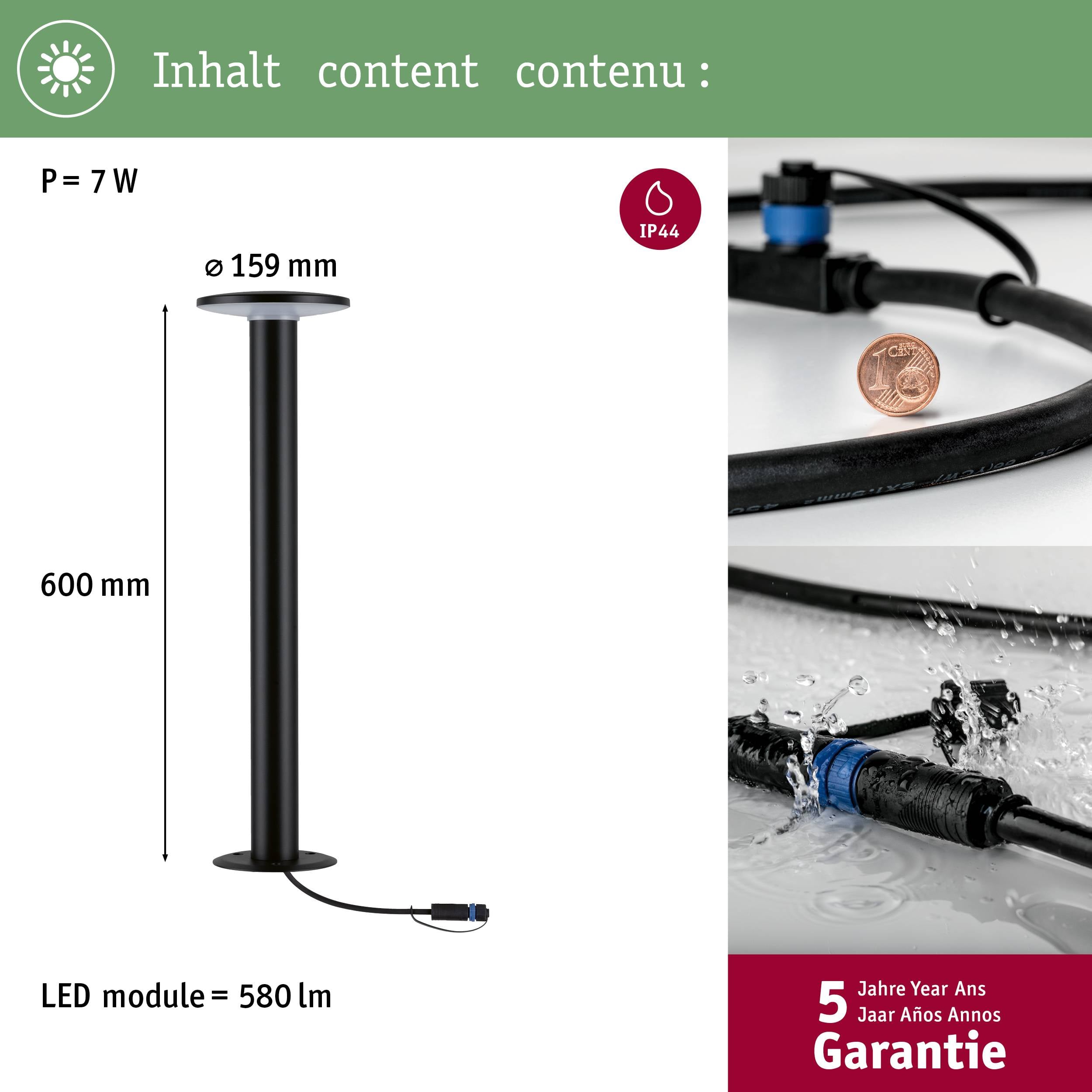'Mât d'éclairage avec module LED, 580 lm, 7W, hauteur 600 mm, Ø 159 mm. Classe de protection IP44, garantie 5 ans.'