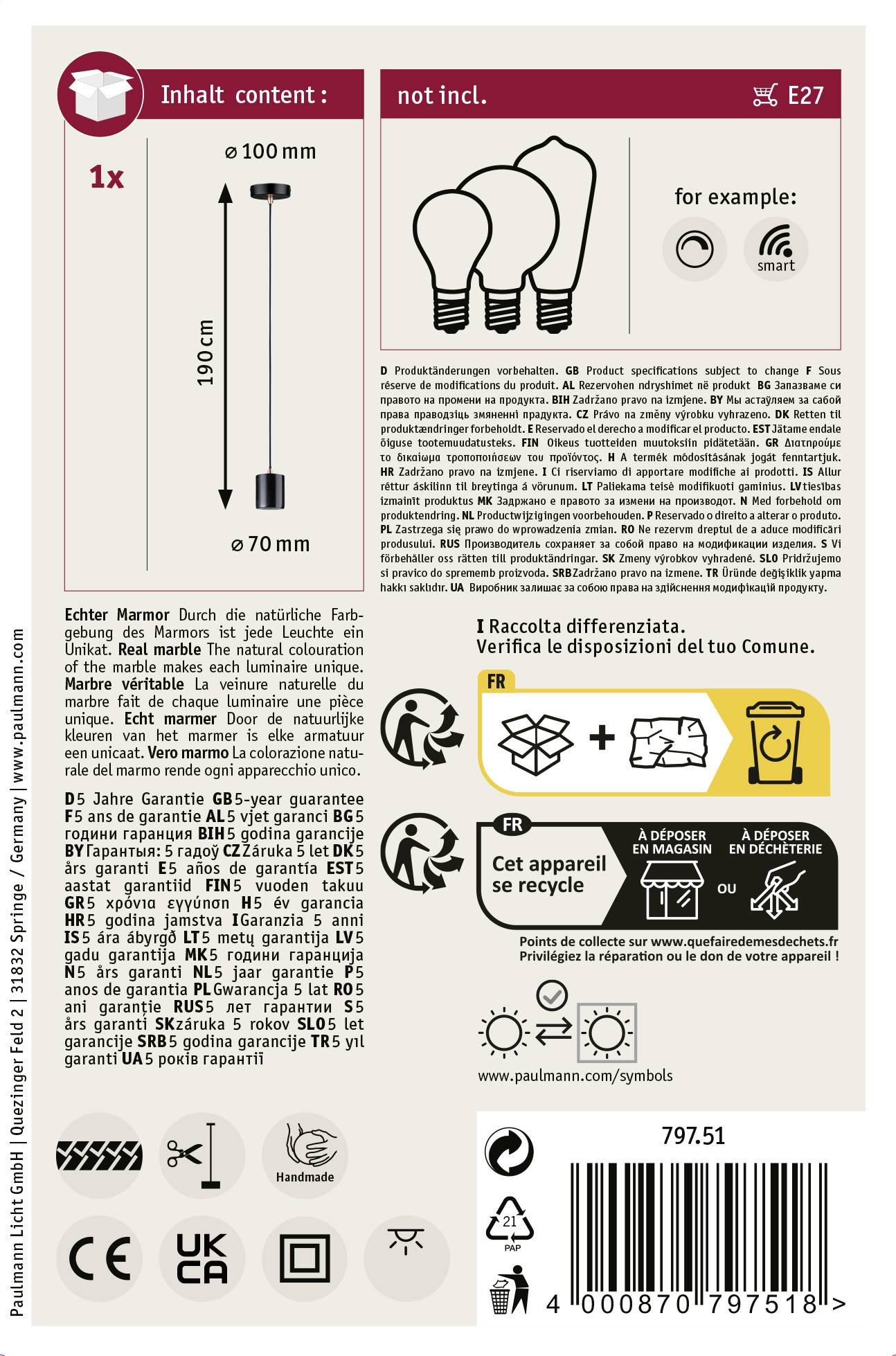 'Suspension avec câble, longueur max. 190 cm, largeur 100 mm, ampoules non incluses, douille E27. Instructions de montage comprises.'