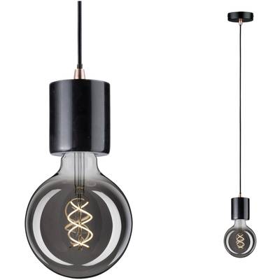 Une lampe suspendue moderne avec un boîtier noir et un filament apparent dans une ampoule grise.