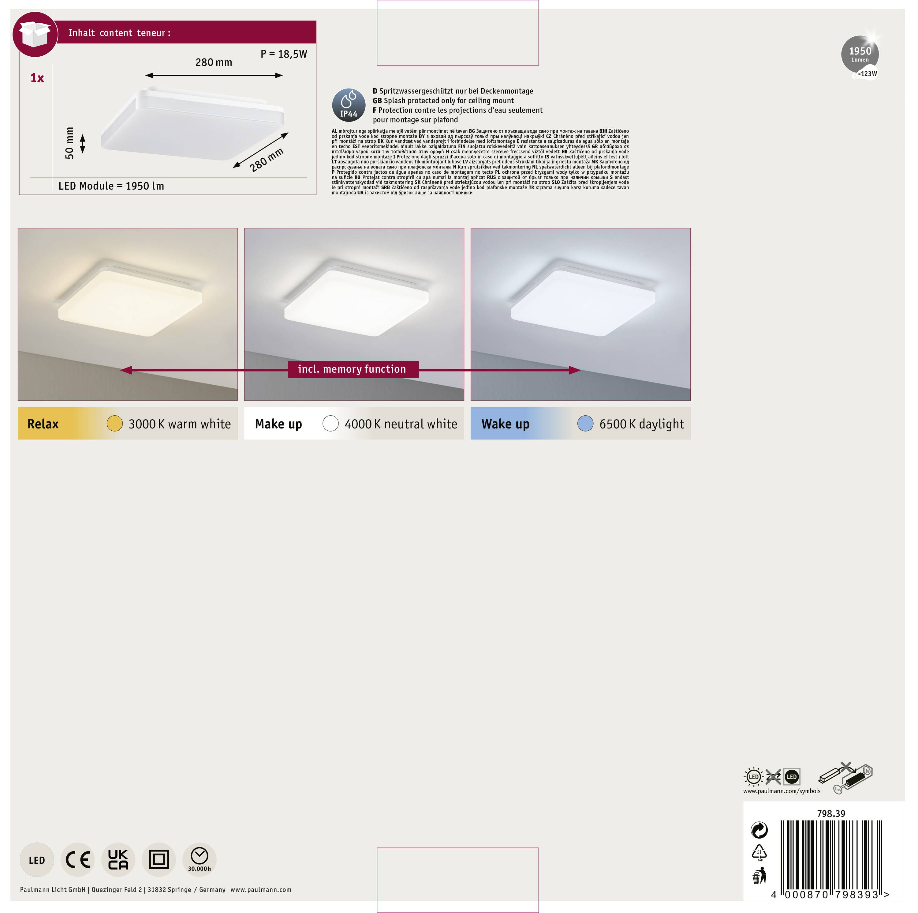 Plafonnier LED : Trois modes 'Détente', 'Maquillage', 'Réveil' avec 3000K, 4000K et 6500K. Puissance 18,5W, flux lumineux 1950 lm. Carré, 280 mm.