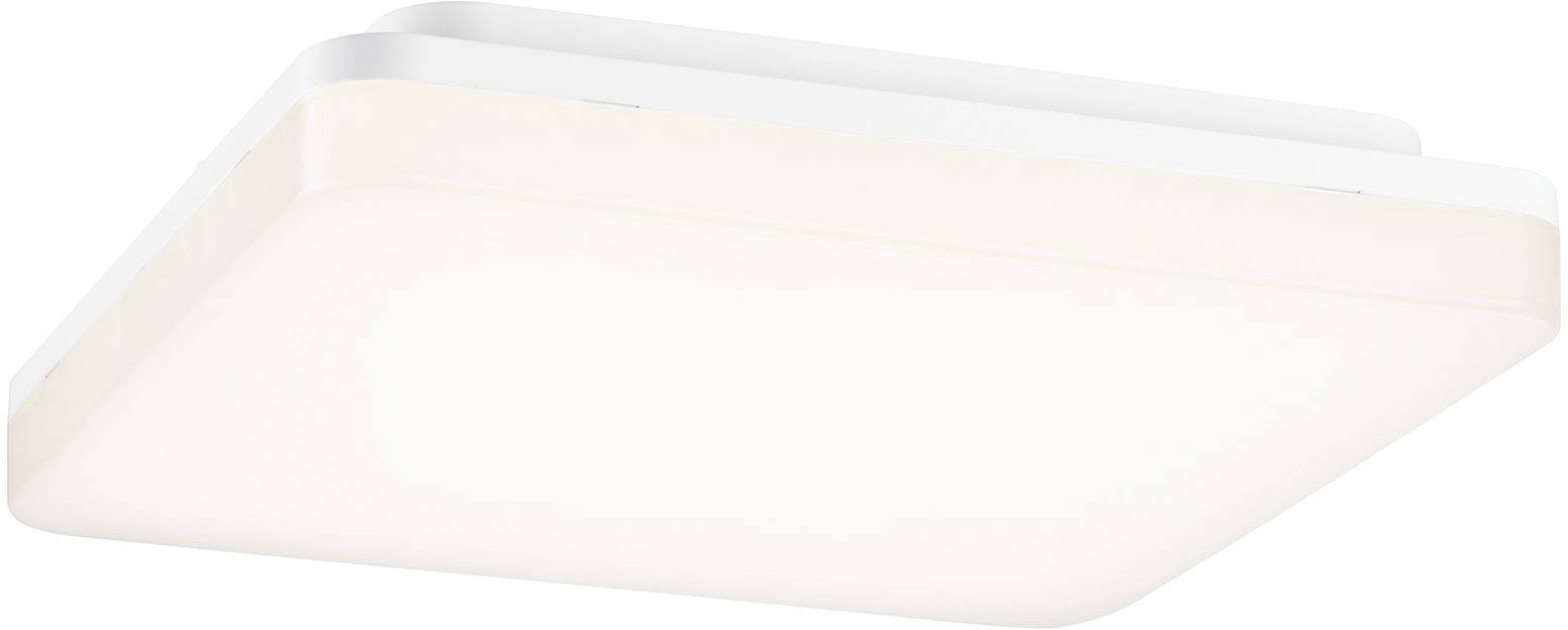 Plafonnier carré blanc aux angles arrondis ; design moderne et minimaliste pour espaces de vie.