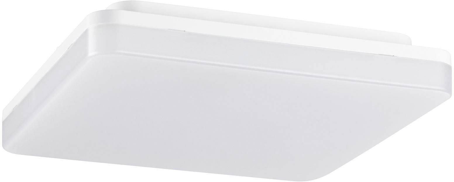Plafonnier carré blanc aux bords arrondis. Design épuré et moderne. Idéal pour les espaces intérieurs.