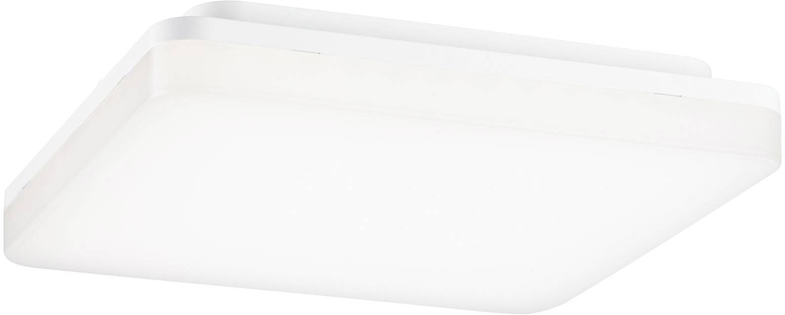 Plafonnier LED rectangulaire et plat en blanc avec des coins arrondis pour un éclairage uniforme de la pièce.