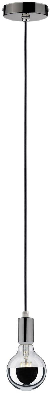 Une lampe suspendue minimaliste avec un long câble noir et une ampoule transparente dans un support argenté.