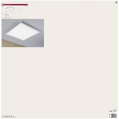 Luminaire plafonnier LED carré blanc sur fond beige. Instructions de montage et détails techniques affichés en haut à gauche.
