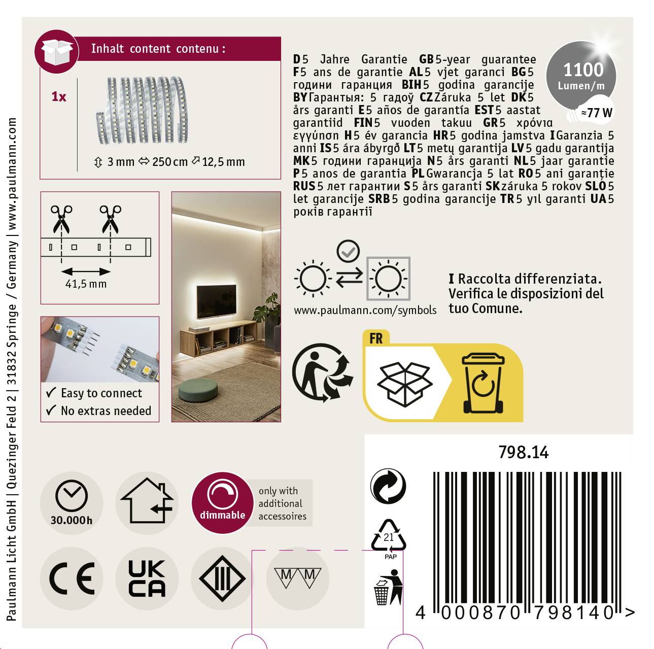Kit de bande LED avec télécommande, 1100 lumens, 7W, longueur 250 cm. Comprend un manuel de montage. Garanties et symboles illustrés.