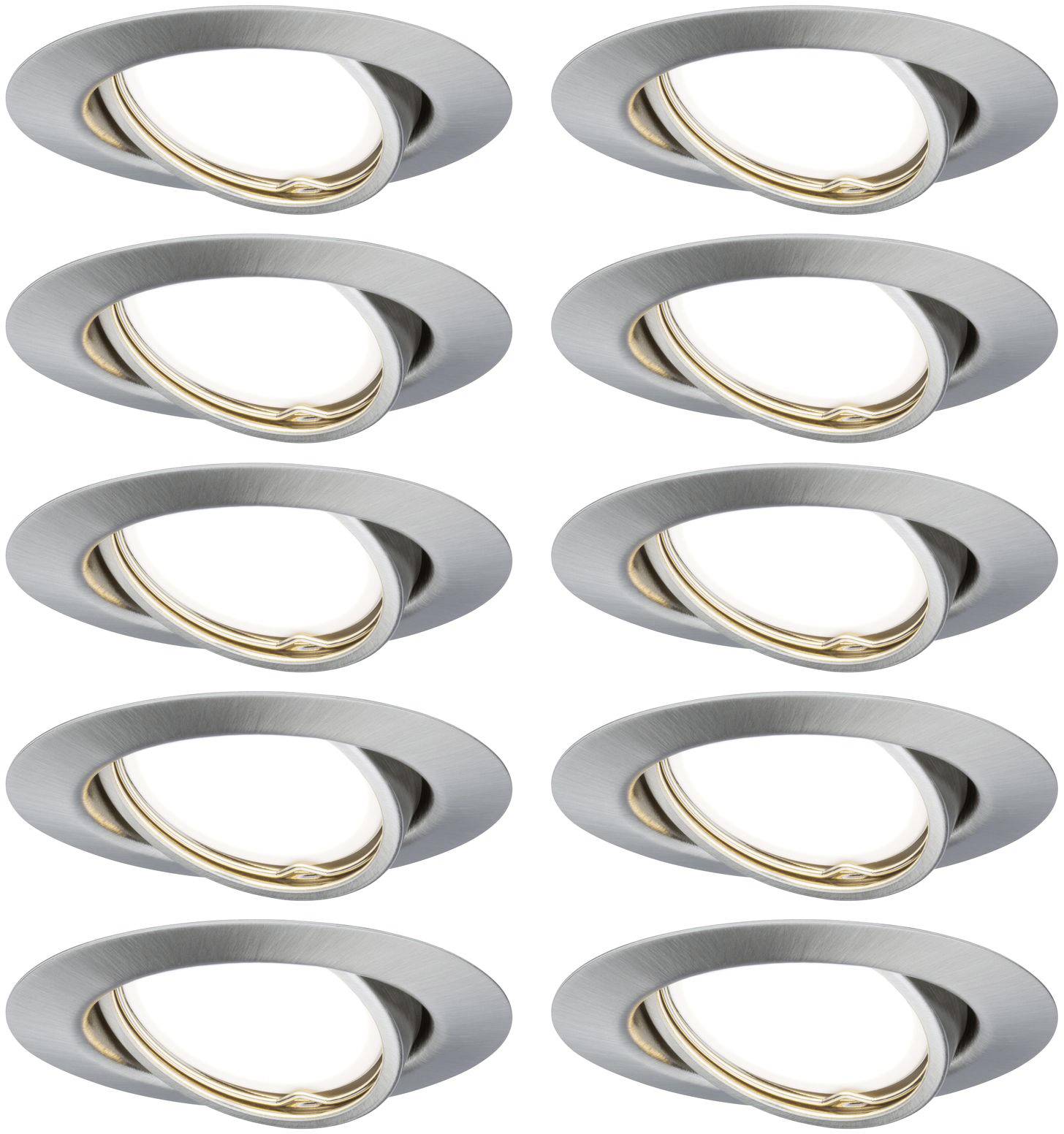 Dix luminaires circulaires de couleur argent avec des inserts pivotants couleur or, disposés symétriquement en grille.