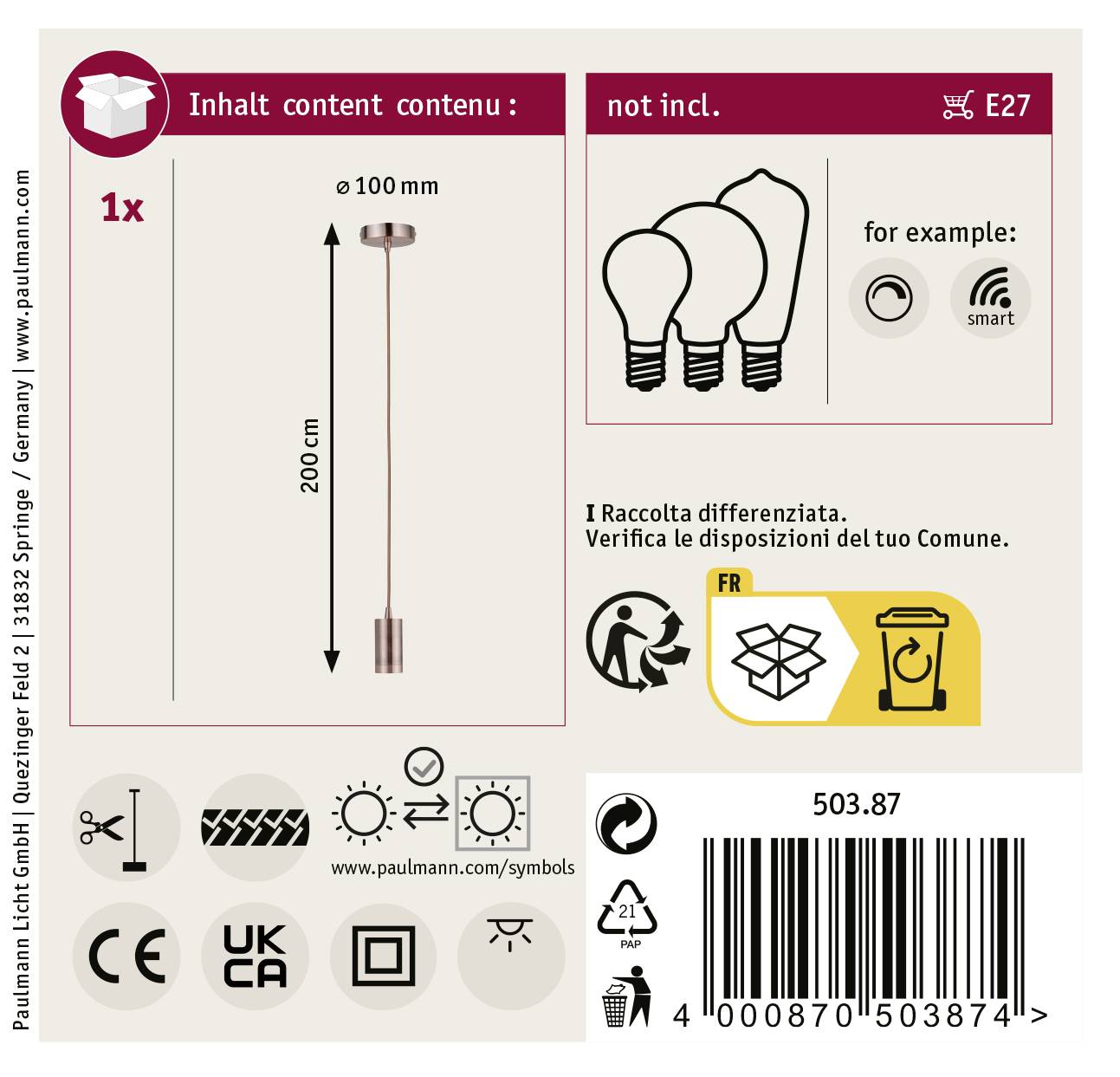 Contenu de l'emballage : 1x Suspension, douille E27, longueur 200 cm, diamètre 100 mm. Ampoule non incluse. Veillez à respecter le tri sélectif des déchets.