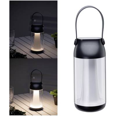 Une lanterne élégante et portable posée sur une table, allumée pour un éclairage chaleureux. À côté, un gros plan de la lanterne éteinte.