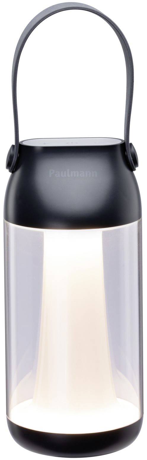 Lanterne LED portable avec poignée noire et cylindre translucide, diffusant une lumière chaleureuse, adaptée à un éclairage d'ambiance.