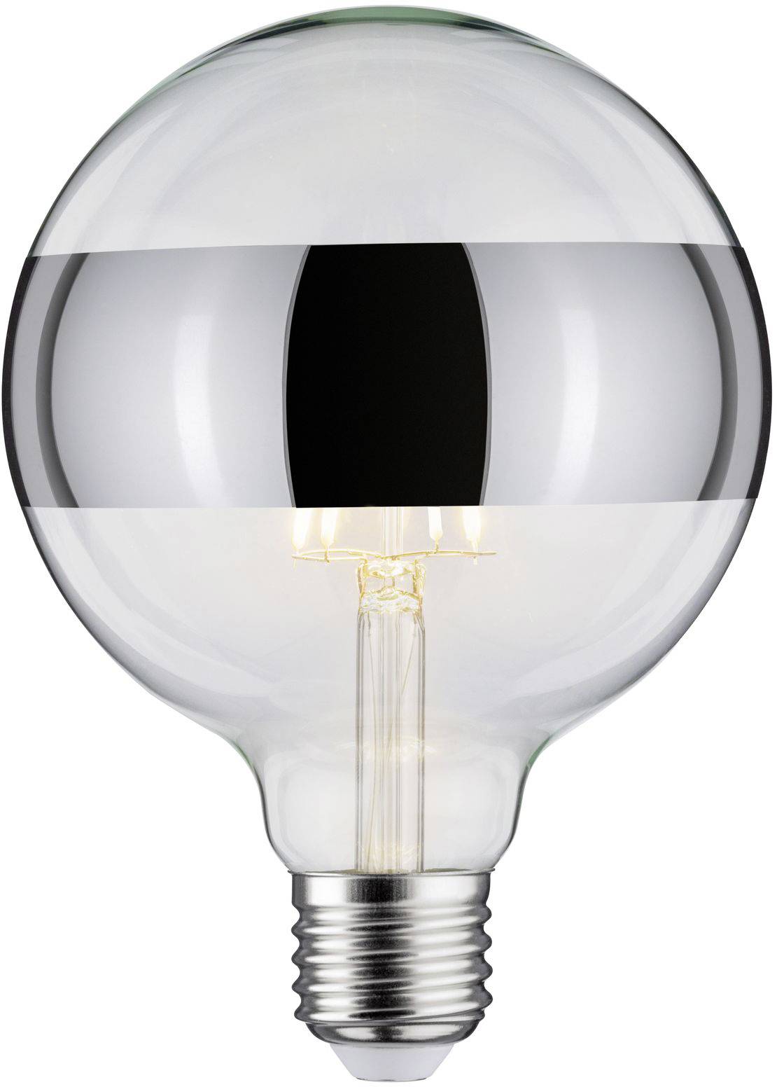 Ampoule à culot E27, en verre transparent avec filament apparent, allumée et illuminée.