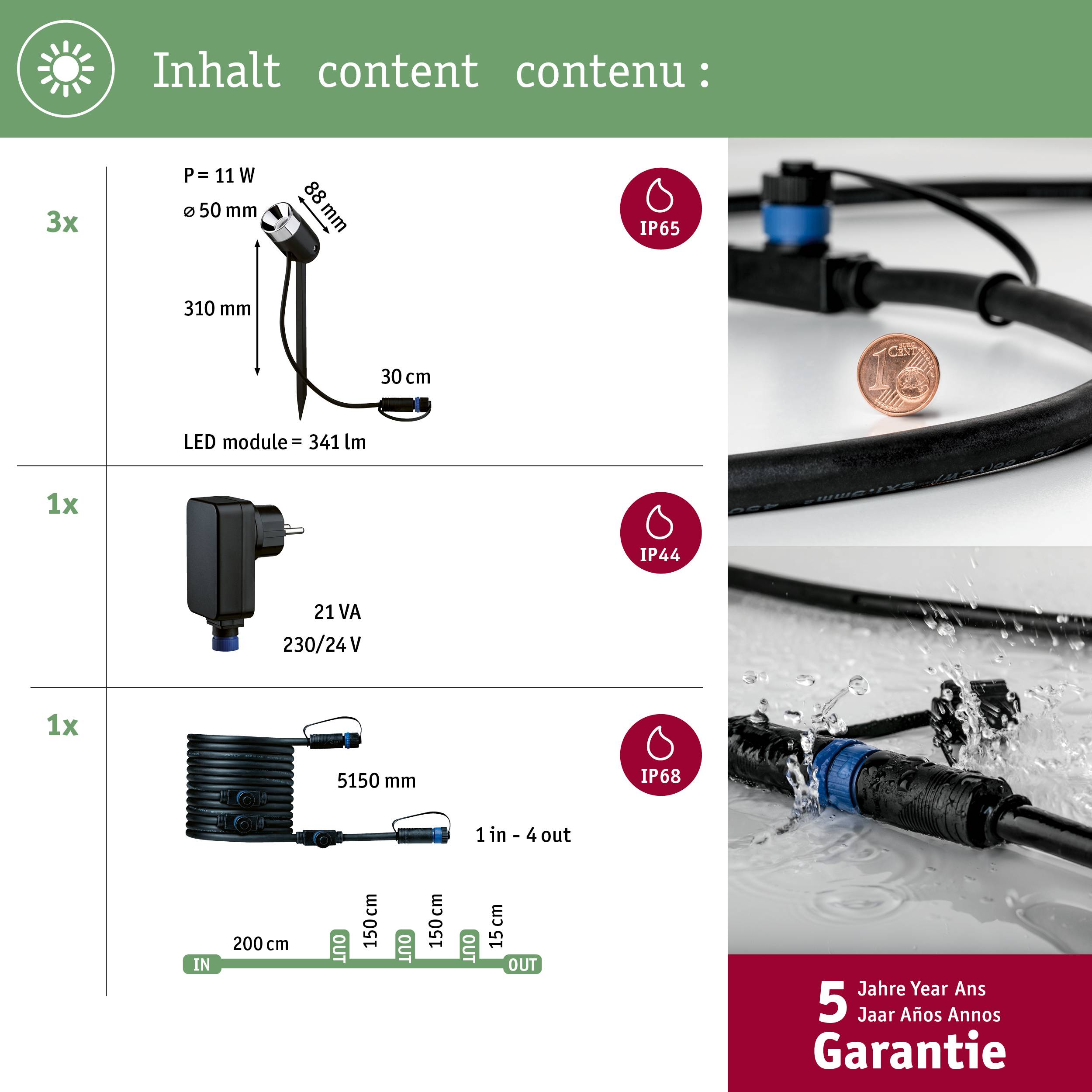 Contenu : Représentation des composants de luminaires LED avec dimensions. Classe de protection IP : IP65, IP44, IP68. Comprend des instructions de montage et la durée de garantie (5 ans).
