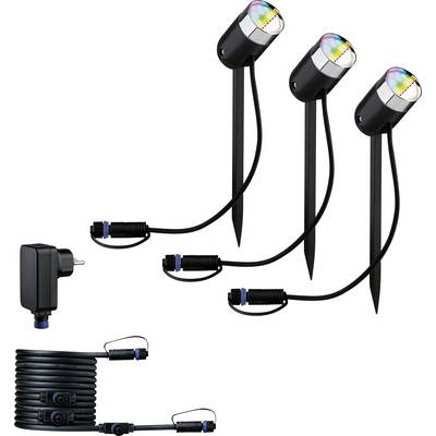 Trois projecteurs de jardin noirs à LED avec piquet de terre, reliés par un câble. Une fiche secteur est visible sur l'image.