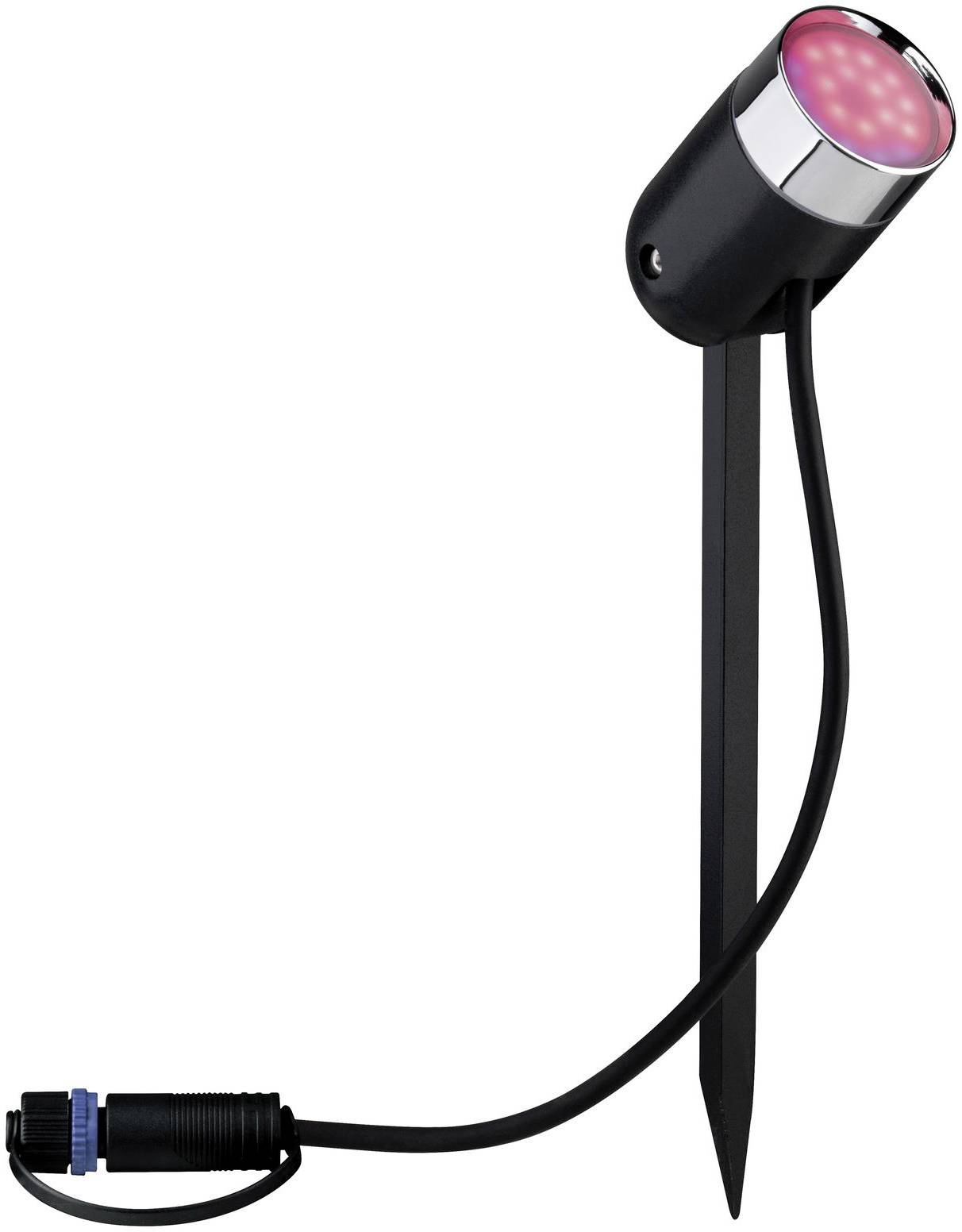 Projecteur LED extérieur noir avec piquet de terre, tête ronde, boîtier noir et argent et câble de raccordement.