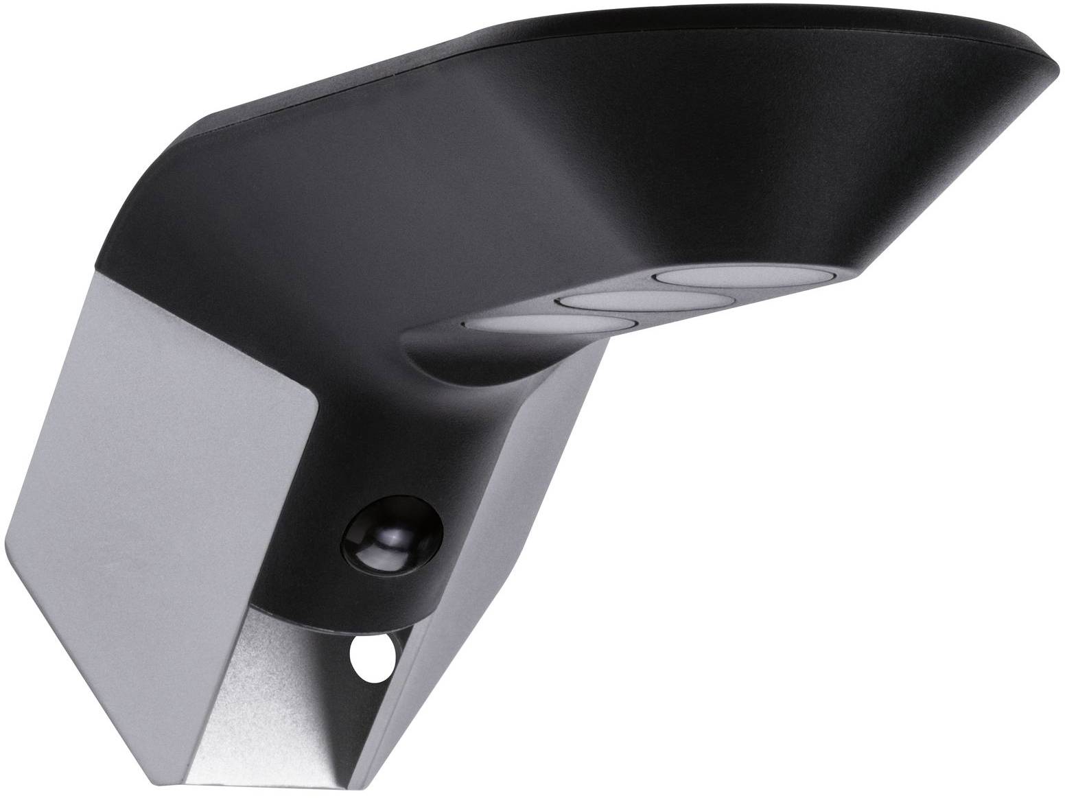 Applique murale LED noir et argent avec détecteur de mouvement, adaptée à un usage extérieur.