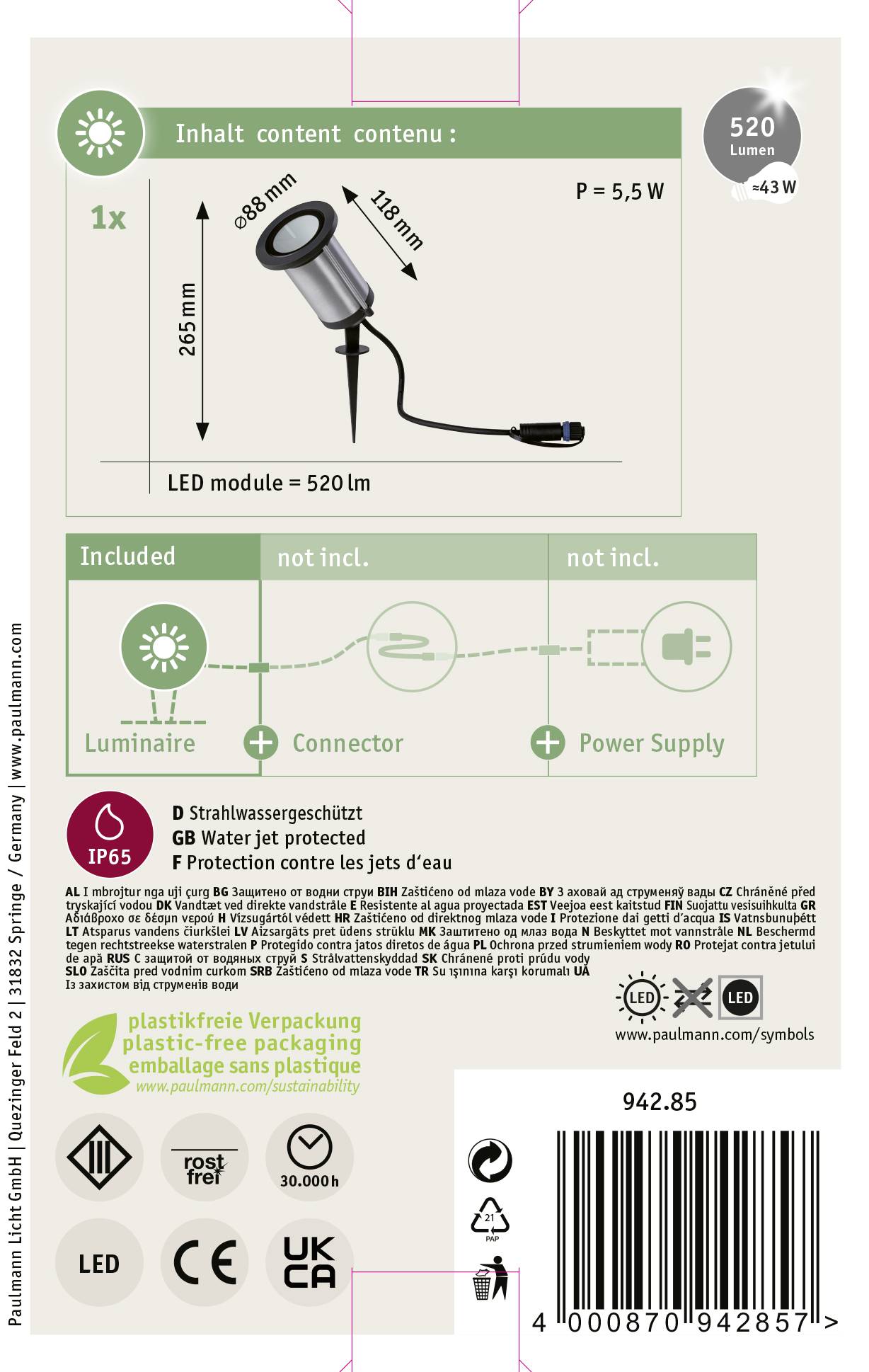 Emballage pour lampe LED : Contient la lampe et le connecteur, sans bloc d'alimentation. Puissance : 5,5 W, 520 lumens. Protection IP65 contre l'eau. Emballage sans plastique.