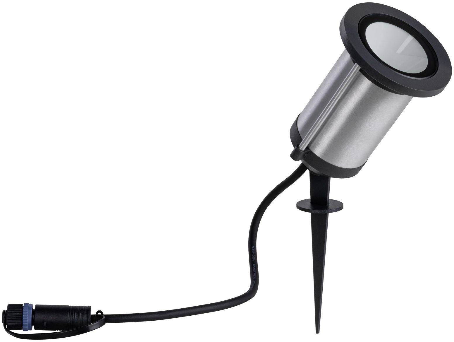 Projecteur d'extérieur en acier inoxydable avec piquet de terre et câble, adapté à l'éclairage de jardin ou de chemin.