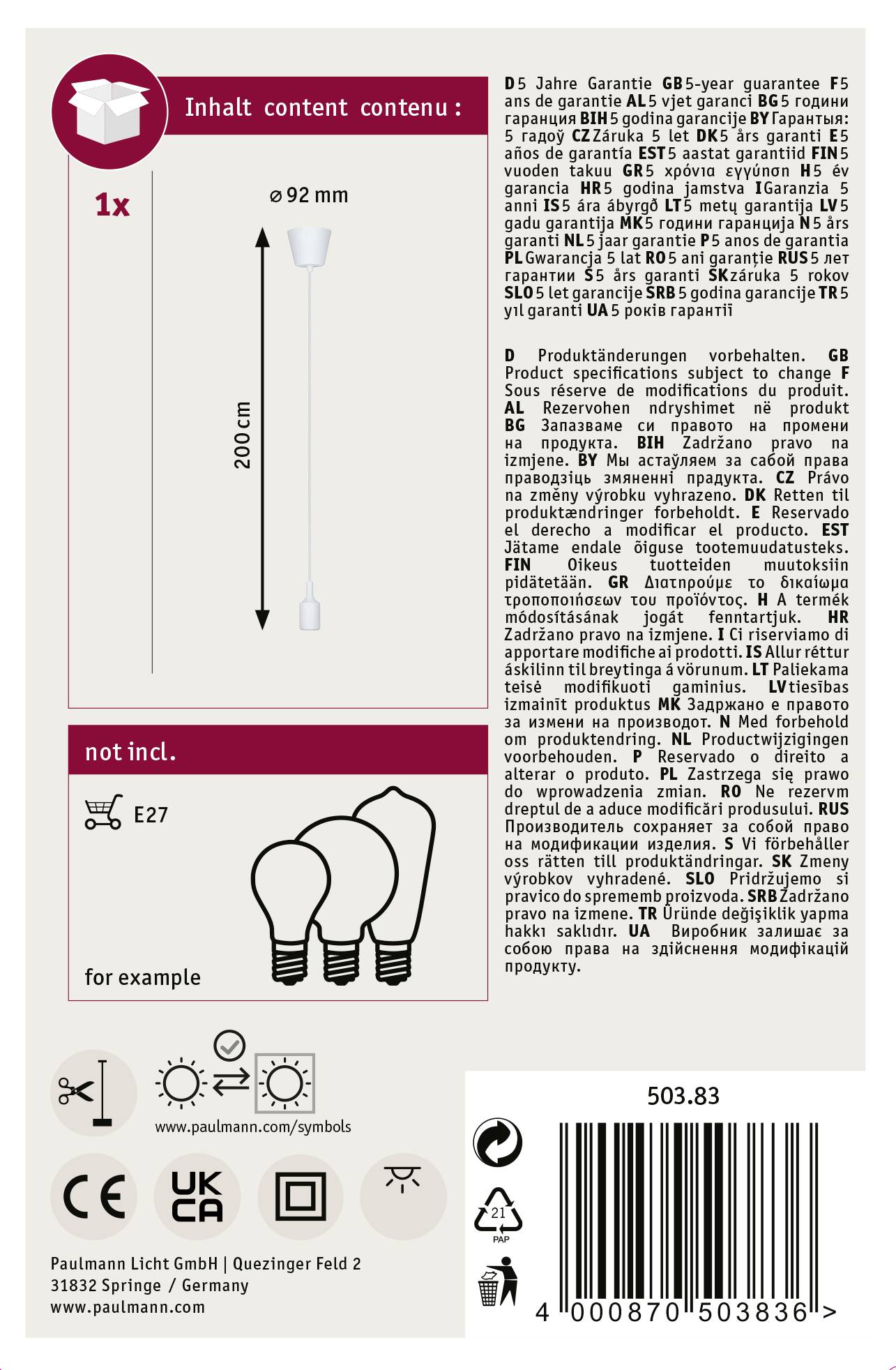 'Emballage d'une lampe LED : Contient 1 pièce, culot E27. Dimensions : diamètre 92 mm, longueur 200 cm. Fabricant : Paulmann Licht GmbH.'