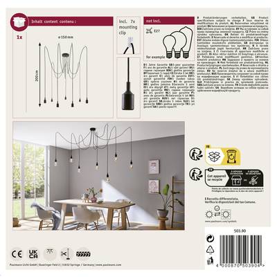 'Emballage d'un ensemble de luminaires suspendus noirs à sept douilles. Illustré dans un salon avec table à manger.'