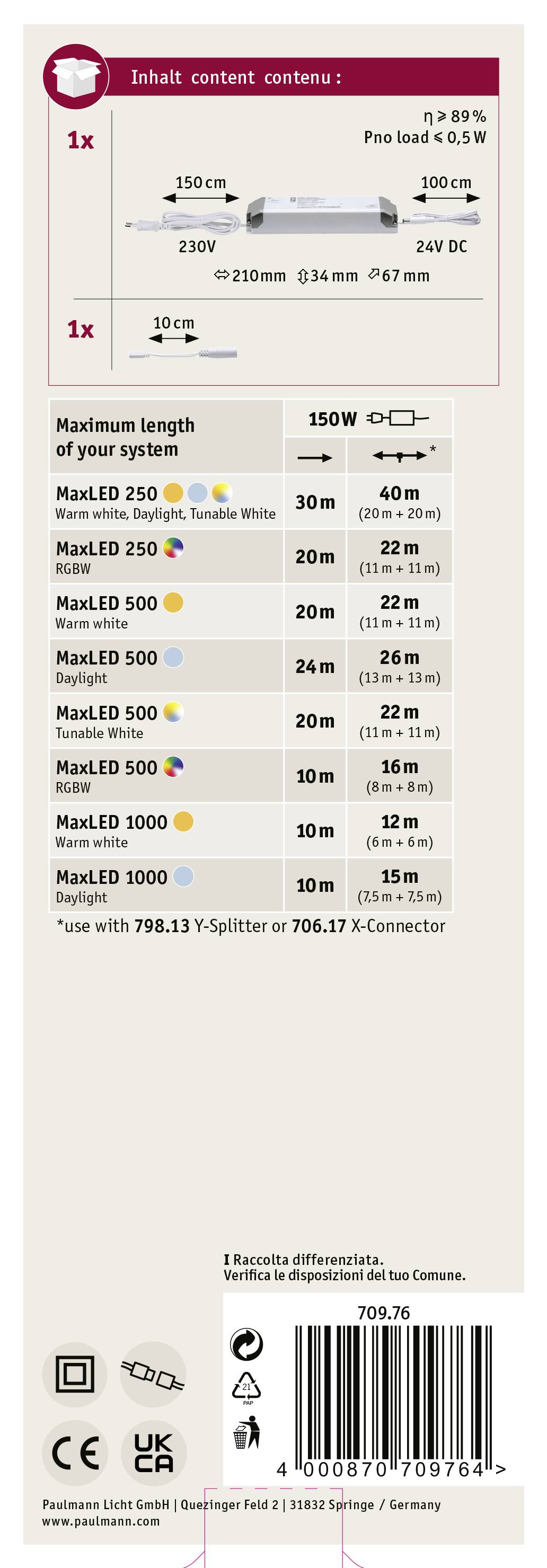 'Inhalt' présente deux rampes lumineuses et leurs accessoires. Détails : longueur système maximale de 150W, LED max. de 250 à 1000, différentes options de connexion.