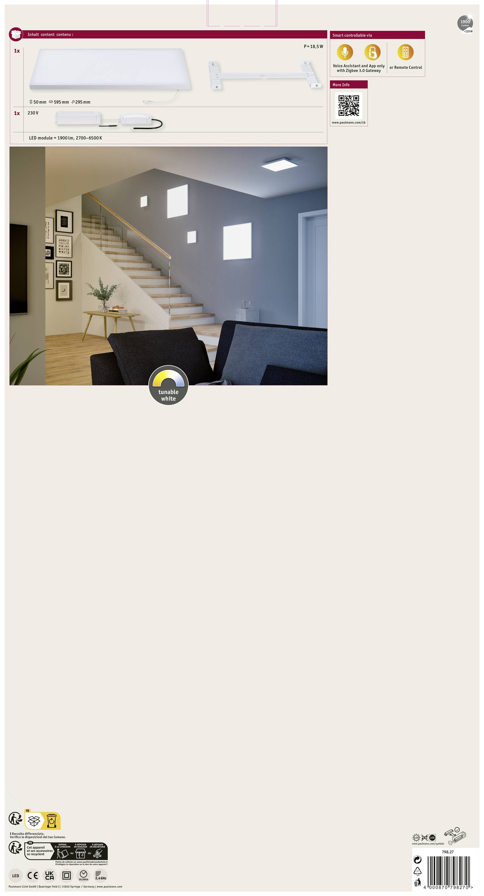 'Lampe LED dans un salon montrant un éclairage chaleureux au-dessus d'un escalier. Dimensions, code QR et étiquette énergétique représentés.'