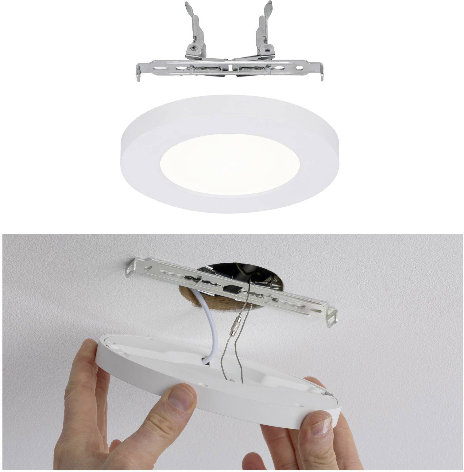Luminaire de plafond LED encastrable : Vue supérieure avec support métallique, vue inférieure montrant le processus de montage sur un plafond blanc avec câbles apparents.