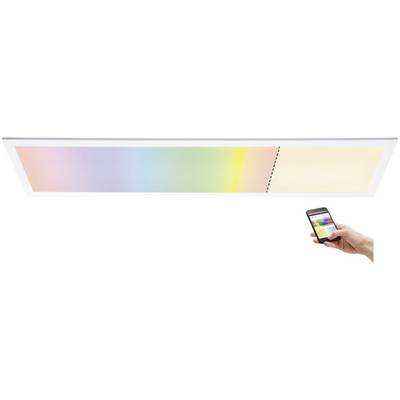 Le panneau lumineux intelligent affiche un dégradé de couleurs de gauche à droite. Une main tient un smartphone et contrôle l'éclairage via une application.