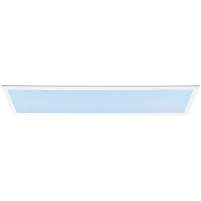 Un panneau LED rectangulaire et plat avec un cadre blanc et une surface lumineuse bleue.