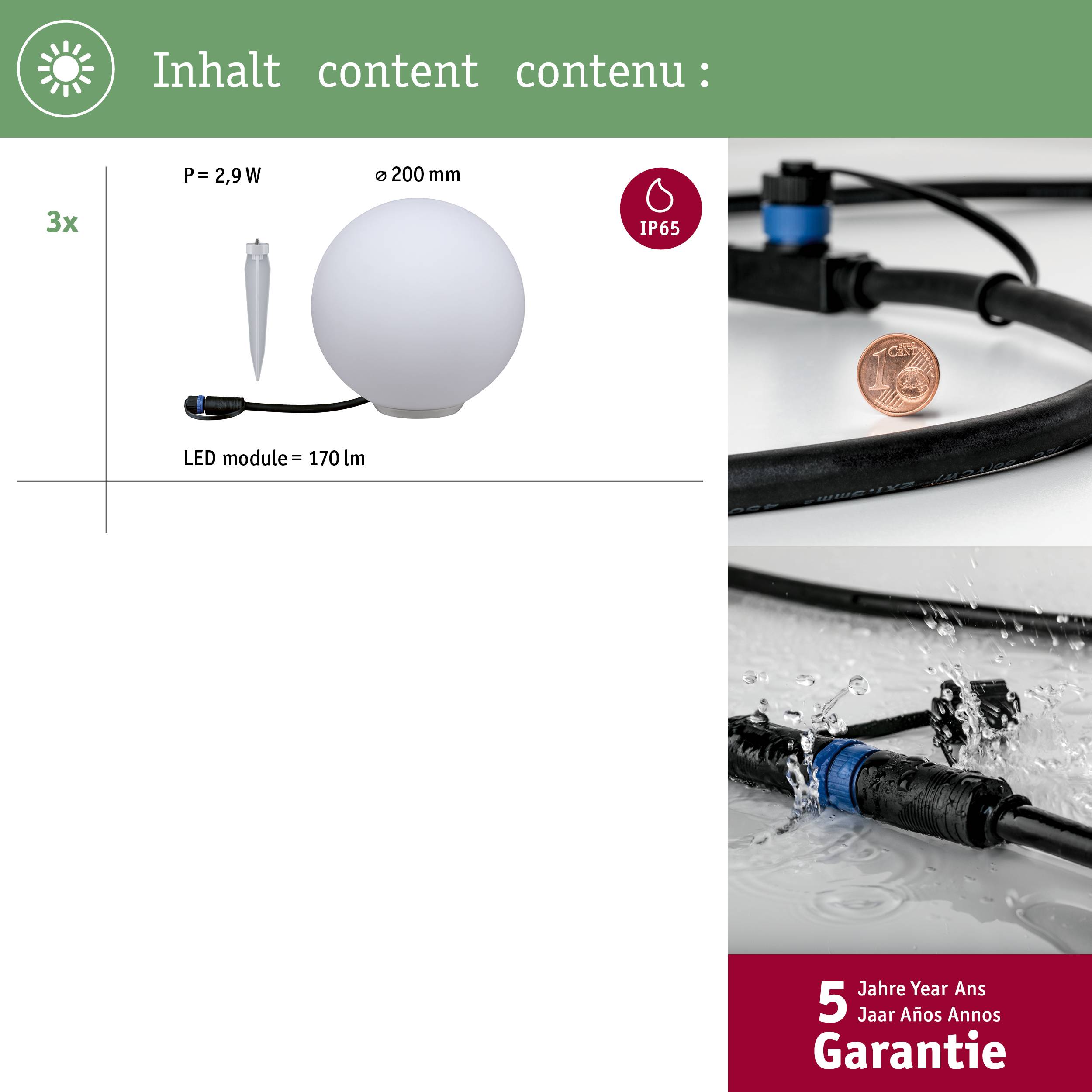 Lampe décorative LED de 200 mm de diamètre. Consommation énergétique : 2,9 watts. Protection IP65. Contient une garantie de 5 ans.