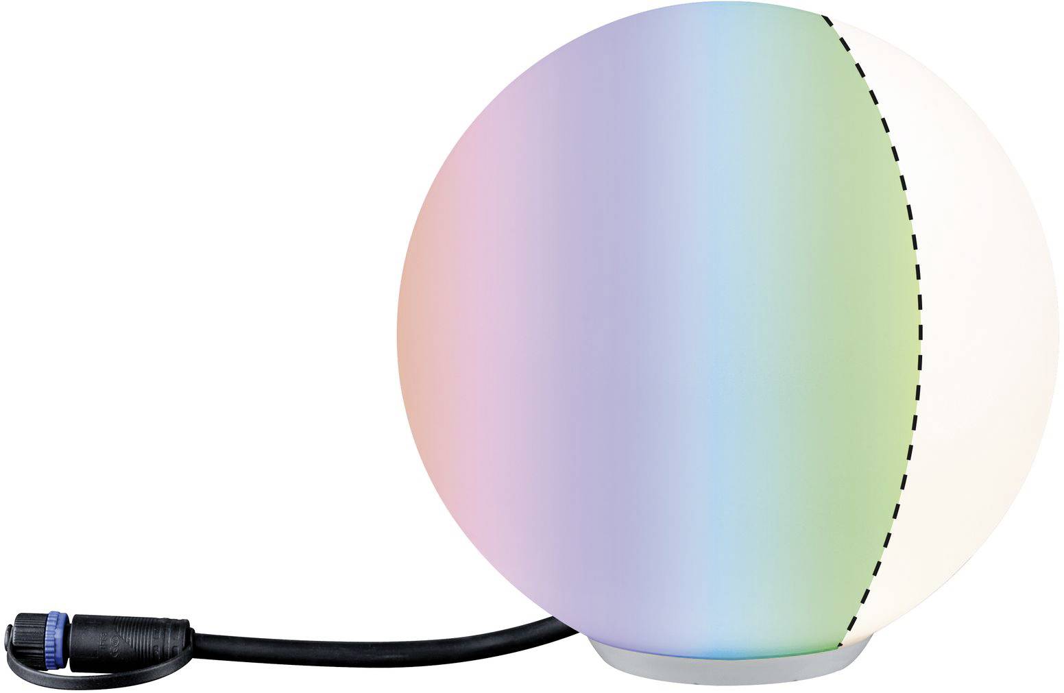 Boule lumineuse arc-en-ciel avec câble noir, adaptée pour un éclairage décoratif intérieur et extérieur.