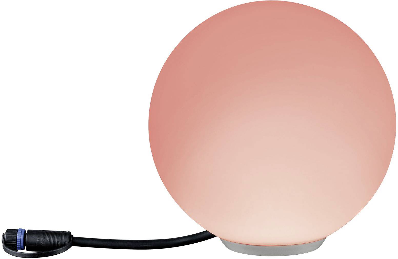Une lampe sphérique rose brillante avec un câble noir sur le côté.