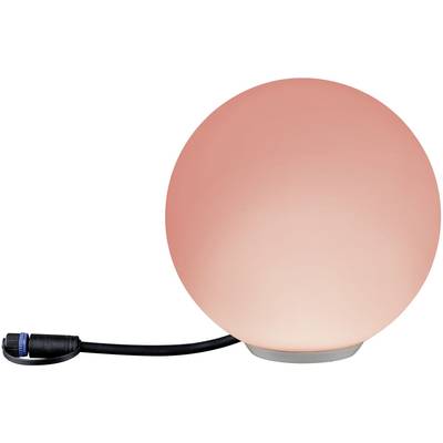 Une lampe sphérique rose brillante avec un câble noir sur le côté.