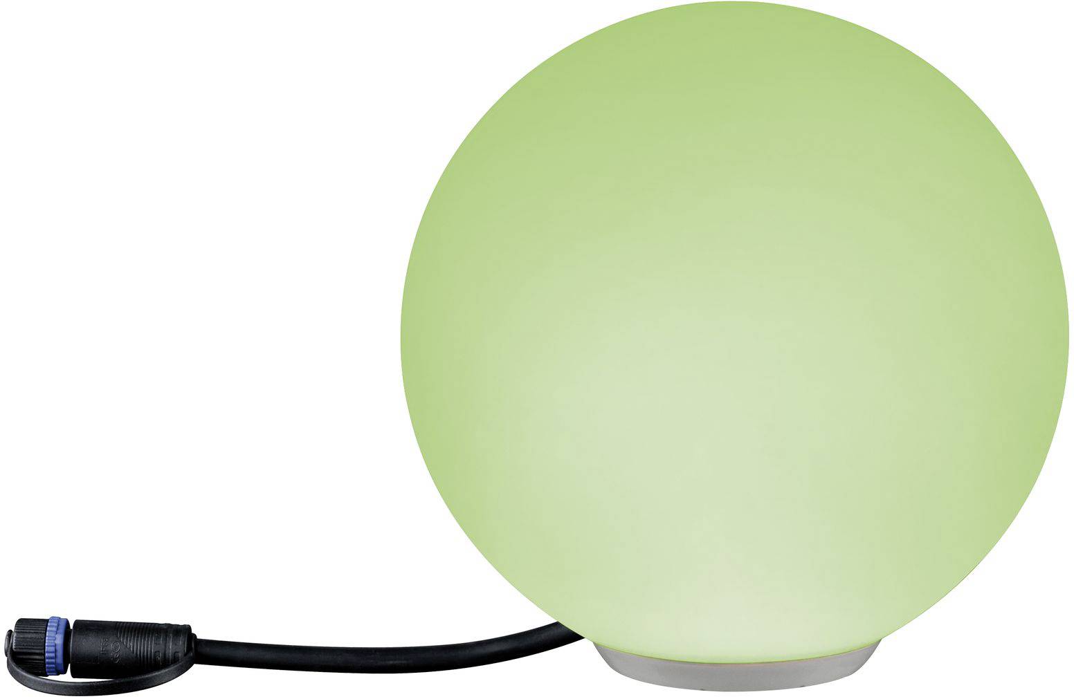 Une lampe verte et ronde avec un câble noir, posée sur une surface blanche.