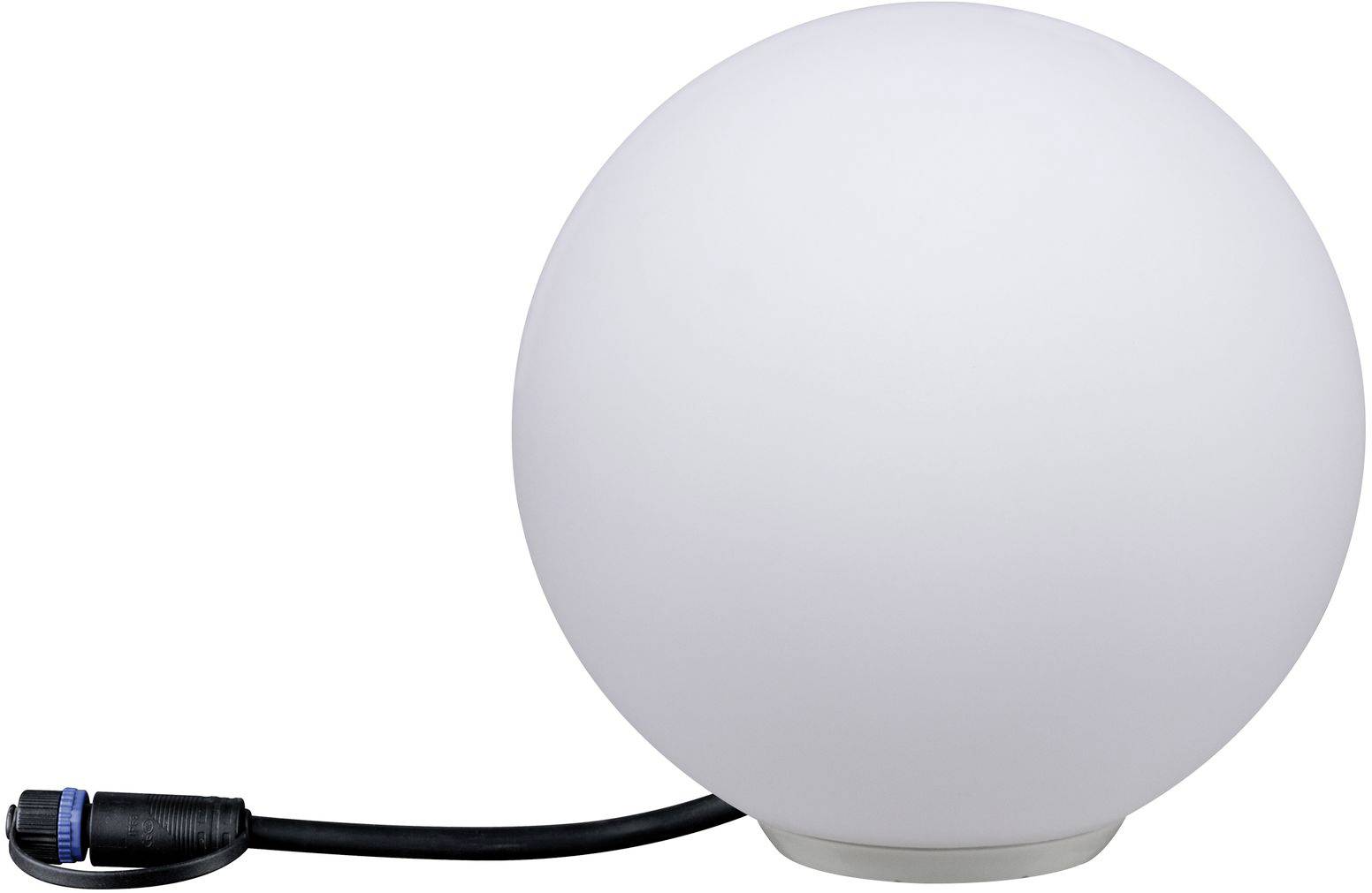 Une lampe sphérique blanche avec câble de raccordement électrique, adaptée à l'éclairage extérieur.