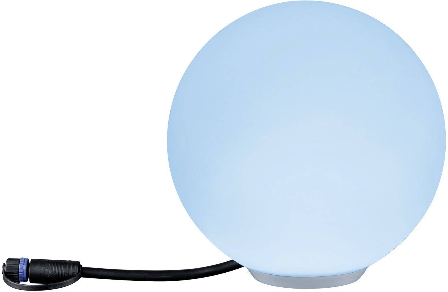 Une lampe ronde de couleur bleu vif, avec un câble électrique. Elle repose sur une base plate.
