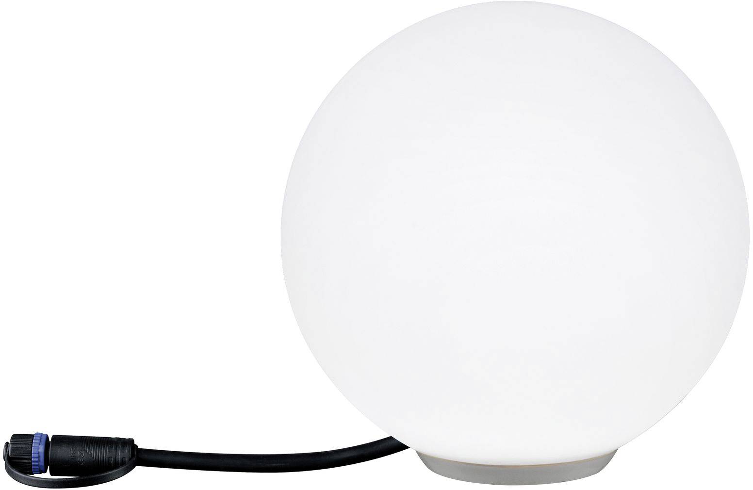 Lampe sphérique blanche avec câble noir sur fond blanc.