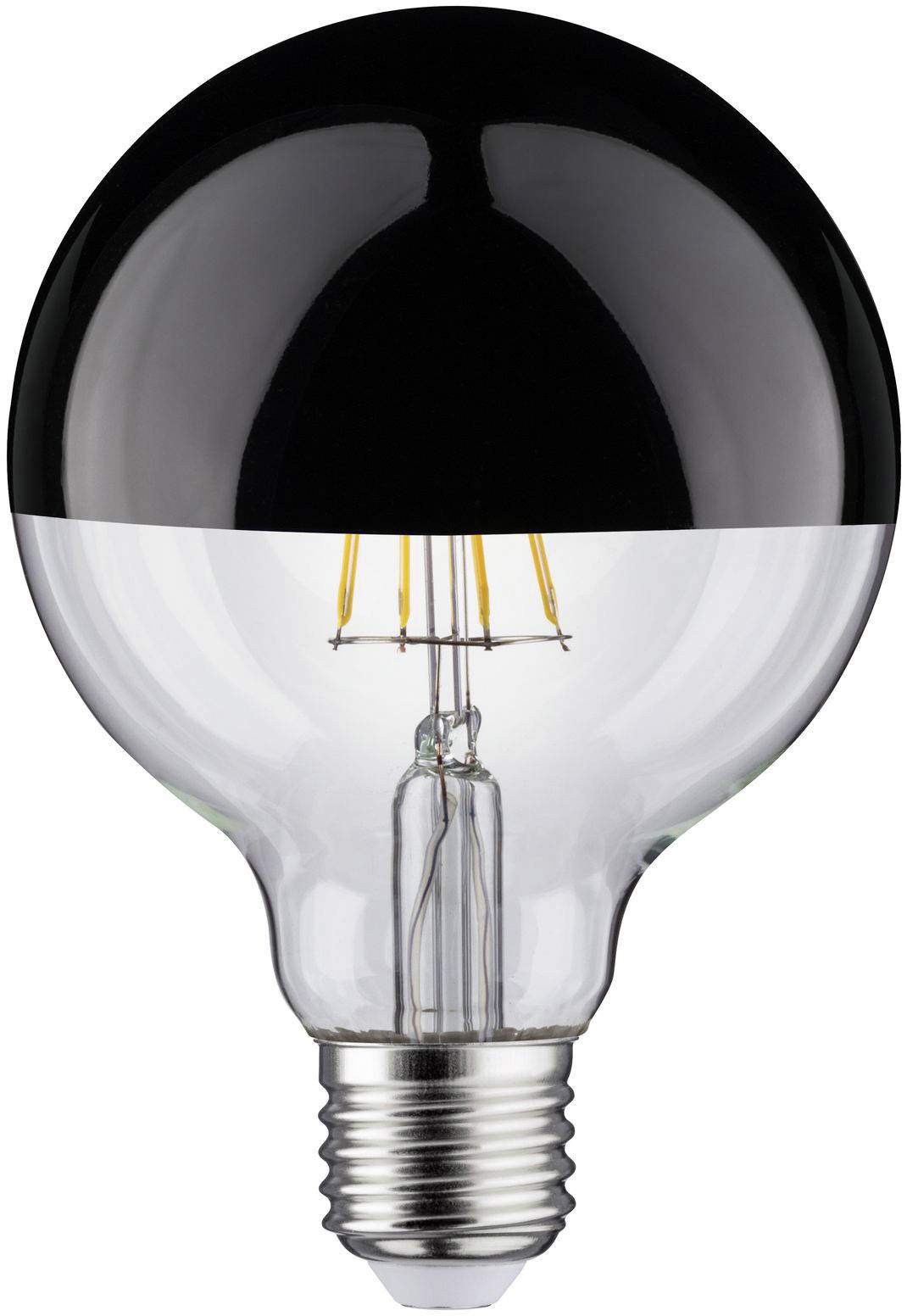 Ampoule avec un capuchon noir en haut et un filament visible à l'intérieur du verre.