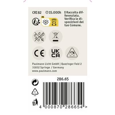Étiquette avec des symboles de recyclage, marquages CE et UKCA, informations sur le tri des lampes et des déchets. Contient un code-barres et l'adresse du fabricant.