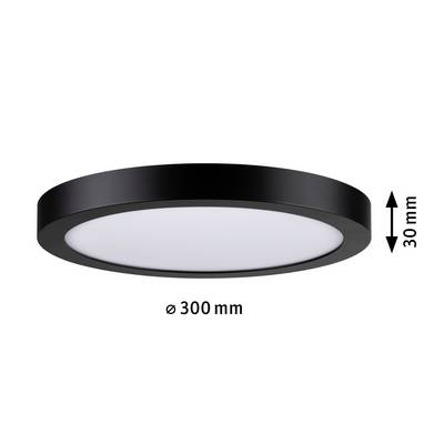 Plafonnier noir, rond, d'un diamètre de 300 mm et d'une hauteur de 30 mm.