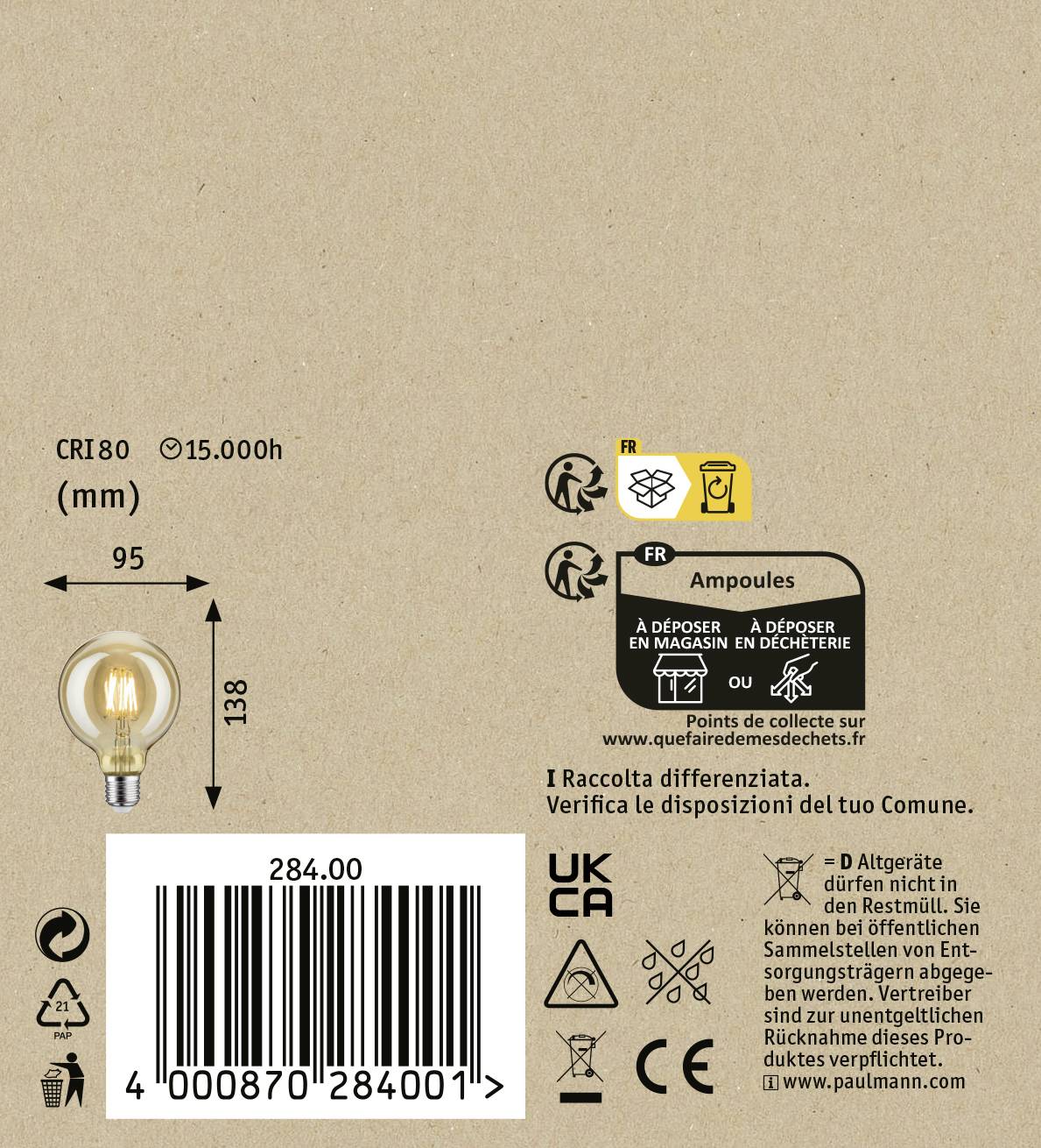 Étiquette d'un emballage d'ampoule avec dimensions, informations énergétiques, code-barres et instructions de mise au rebut en plusieurs langues.