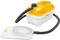 Nettoyeur vapeur avec réservoir d'eau jaune et tuyau noir, relié à un embout vapeur blanc. Utilisé pour le nettoyage des sols.
