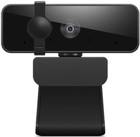 Une webcam noire avec un objectif caméra sur le côté et un socle pour la fixer à un moniteur ou un ordinateur portable.