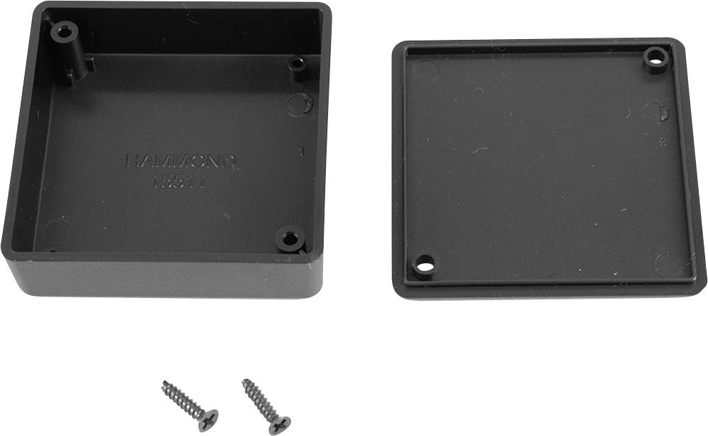 Boîtier rectangulaire noir en plastique avec un couvercle amovible et deux vis.