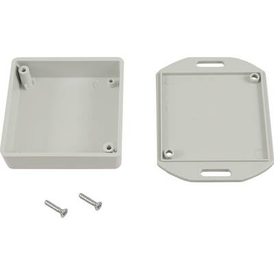 Boîtier en plastique gris en deux parties avec possibilité de vissage, comprenant deux vis en argent.
